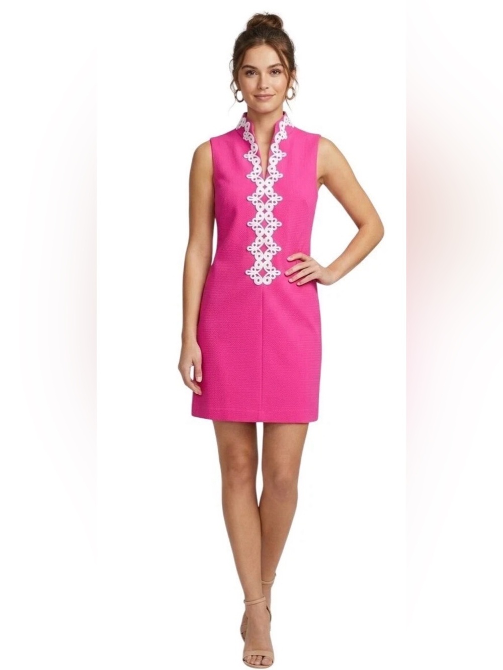 Vince Camuto Bright Fuchsia Sleeveless Shift Dress W/ Embroidered Detail Size XL